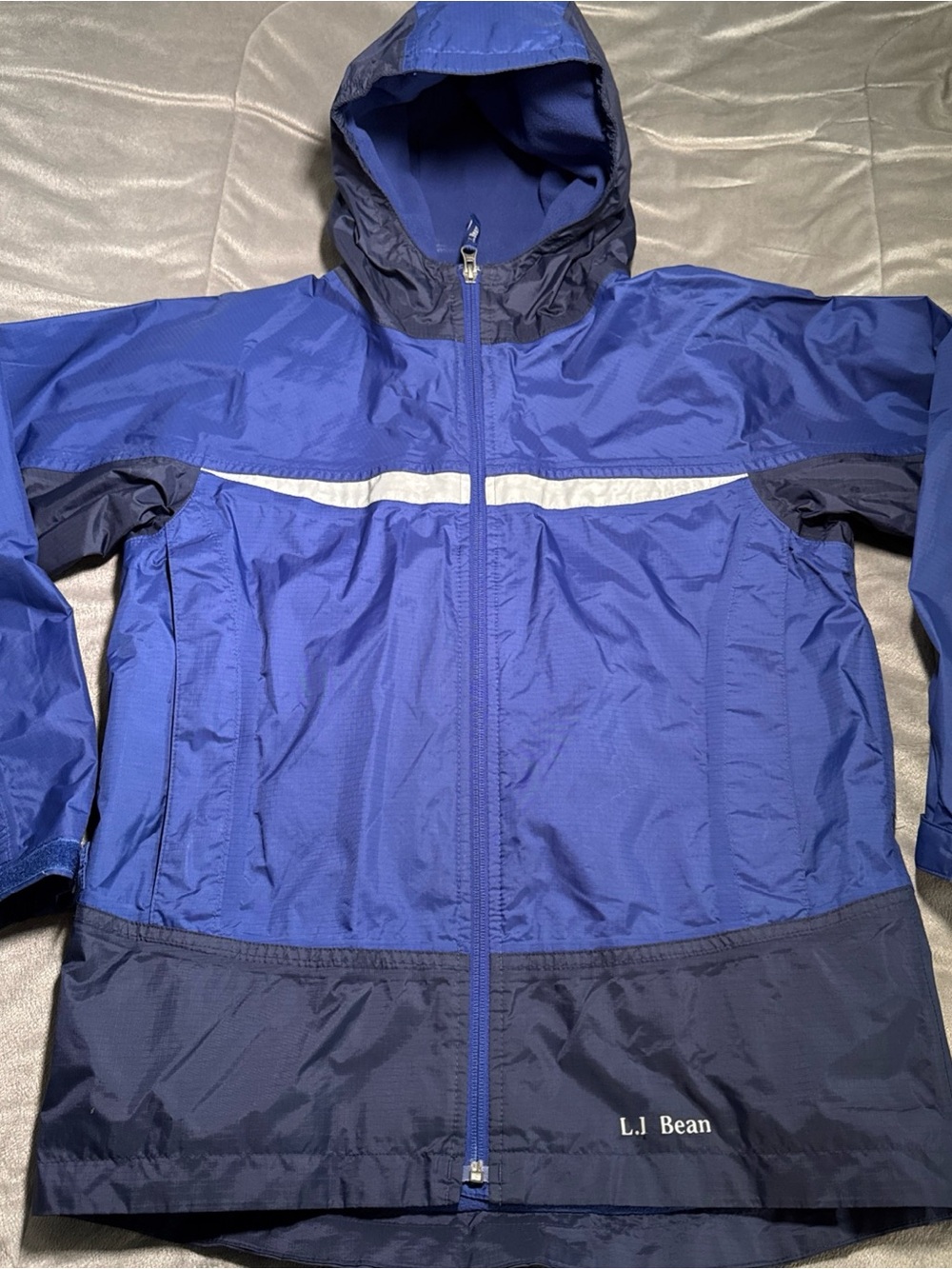 L.L. Bean Two-Tone Blue Hooded Raincoat with Reflective Stripe Sz L 14/16